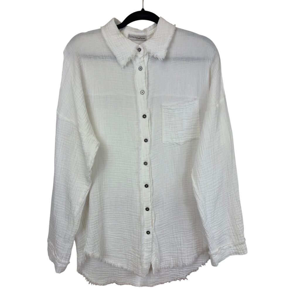 Zenana White 100% Cotton Long Sleeve Raw Edge High Low Button Up Top Size S